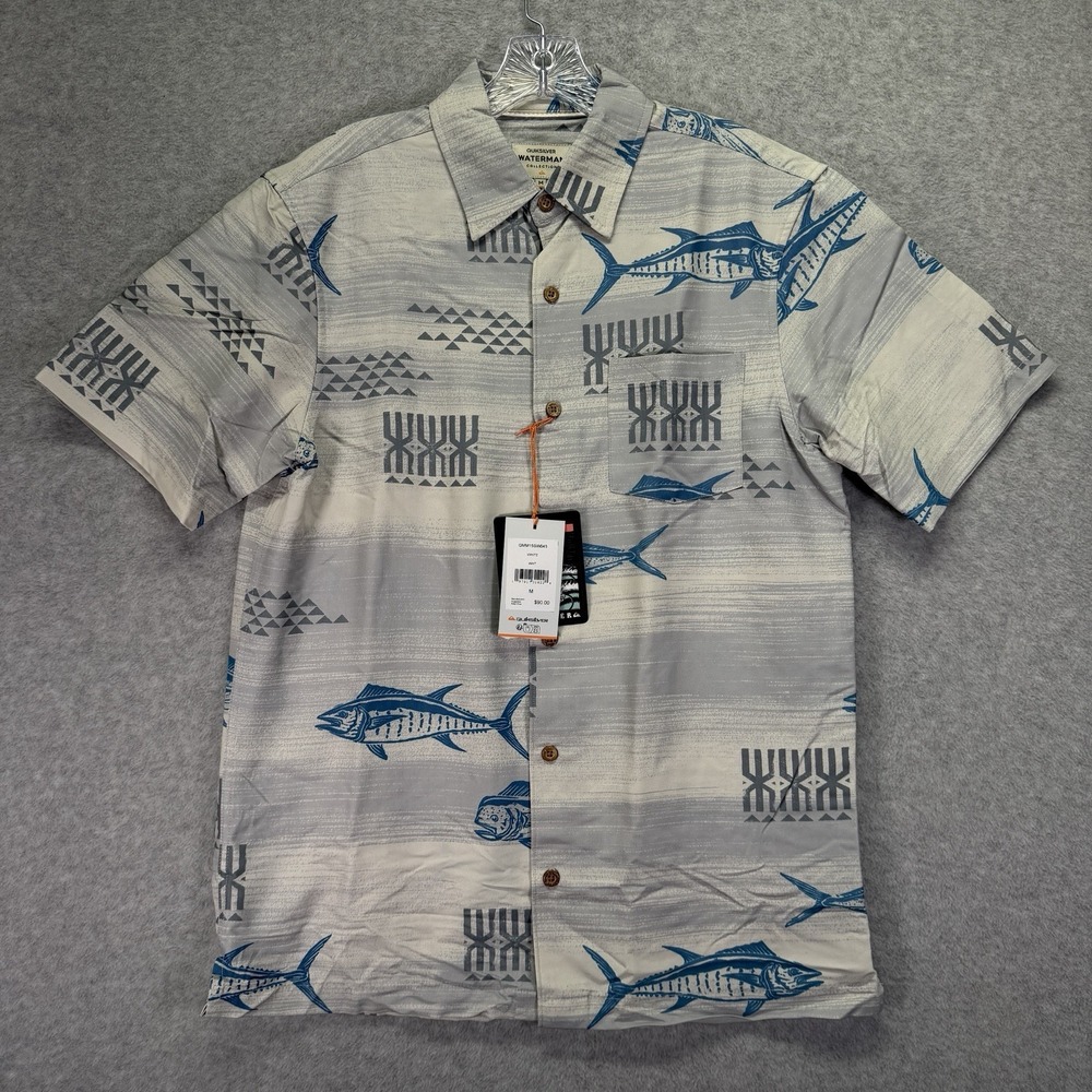 Quiksilver Waterman Shirt Mens M White Hawaiian Geometric Fish Beach Comfort